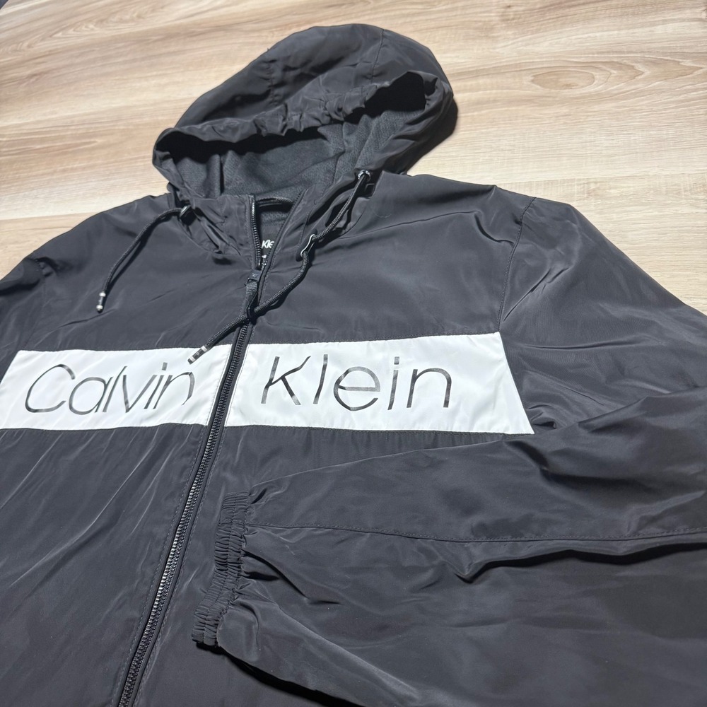 Calvin Klein Windbreaker Jacket womens Medium Black Logo Water Resistant Hood